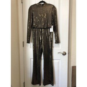 Rosevelvet 2 Piece Long Sleeve Crop Top With Cutout Back & Pants In Black/Gold